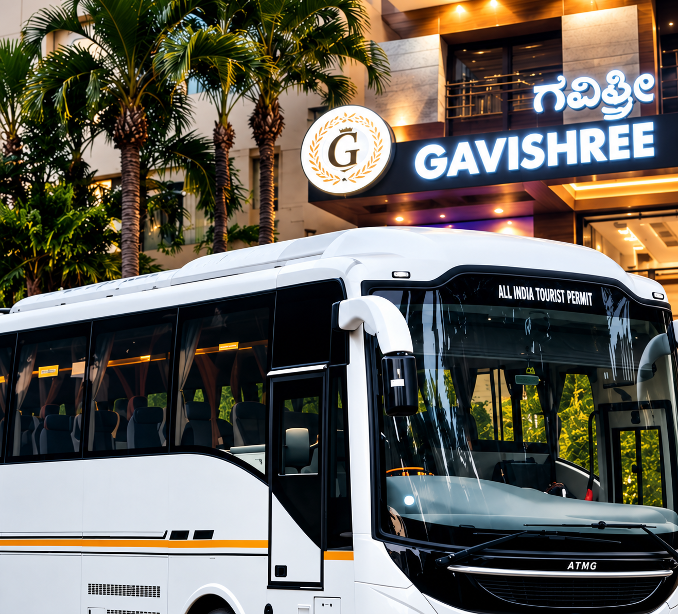Karan Tourist luxury coach outside Gavishree Residency